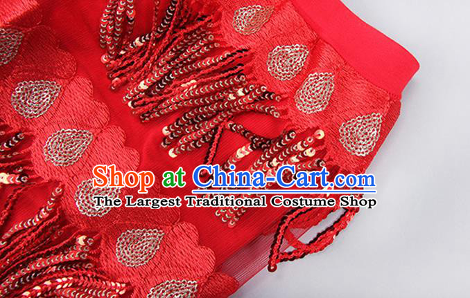 Indian Traditional Belly Dance Red Outfits Asian Oriental Dance Training Top and Tassel Skirt Clothing