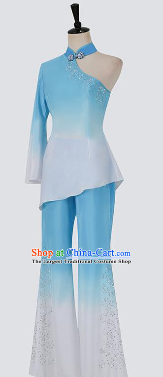 Chinese Folk Dance Blue Outfits Woman Fan Dance Yangko Dance Clothing