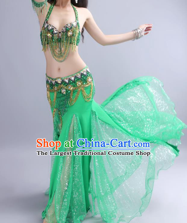 Asian Indian Stage Performance Dance Green Clothing Traditional India Oriental Dance Belly Dance Bra and Skirt Outfits