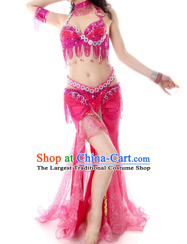 India Belly Dance Beads Tassel Rosy Bra and Skirt Asian Indian Raks Sharki Dance Fashion Traditional Oriental Dance Costume