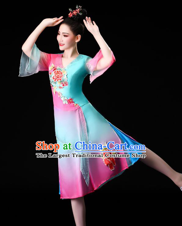 Chinese Traditional Folk Dance Clothing Asian Yangko Dance Performance Embroidered Blue Outfits