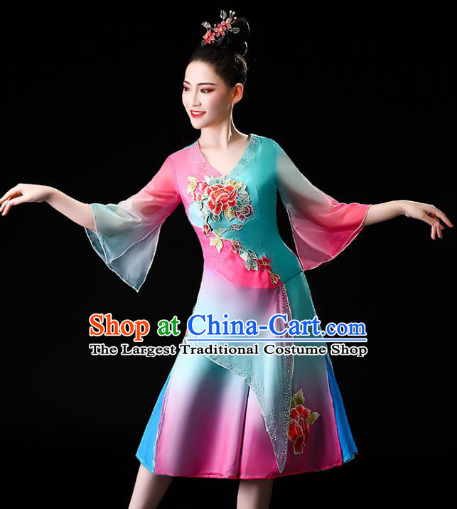 Chinese Traditional Folk Dance Clothing Asian Yangko Dance Performance Embroidered Blue Outfits