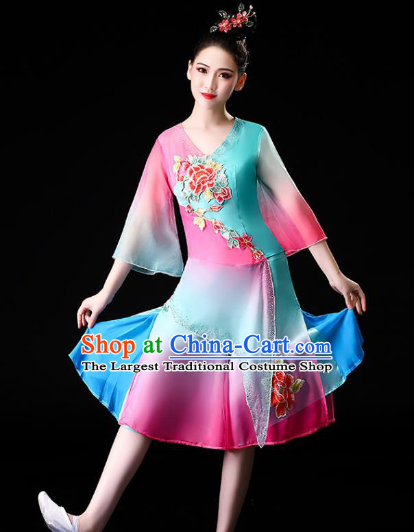 Chinese Traditional Folk Dance Clothing Asian Yangko Dance Performance Embroidered Blue Outfits