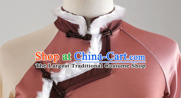 China Traditional Tibetan Ethnic Stage Performance Clothing Zang Nationality Folk Dance Brown Dress Costume and Headwear
