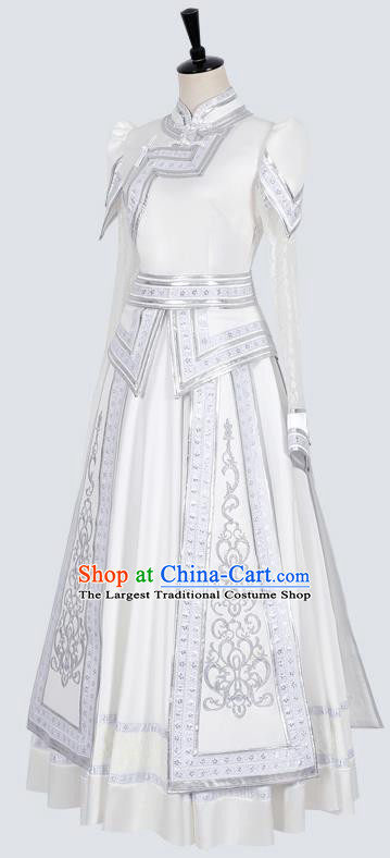 China Traditional Mongolian Ethnic Stage Performance Clothing Mongol Nationality Wedding White Dress Costume