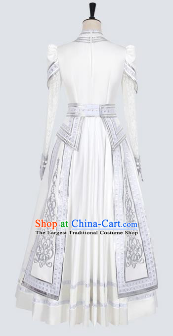 China Traditional Mongolian Ethnic Stage Performance Clothing Mongol Nationality Wedding White Dress Costume