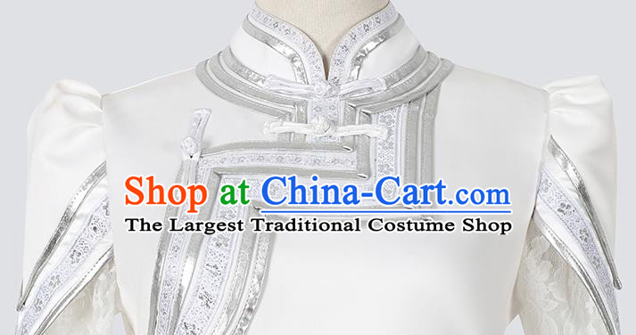 China Traditional Mongolian Ethnic Stage Performance Clothing Mongol Nationality Wedding White Dress Costume