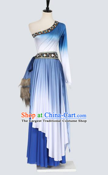Chinese Classical Dance Blue Dress Outfits Folk Dance Stage Performance Clothing