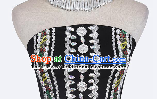 China Traditional Yunnan Ethnic Folk Dance Clothing Dai Nationality Stage Performance Black Dress Costume and Hat