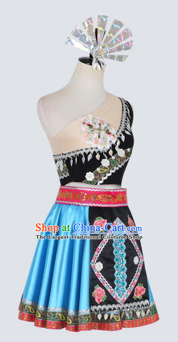 China Traditional Miao Ethnic Folk Dance Clothing Hmong Nationality Stage Performance Blue Dress Outfits and Hair Accessories