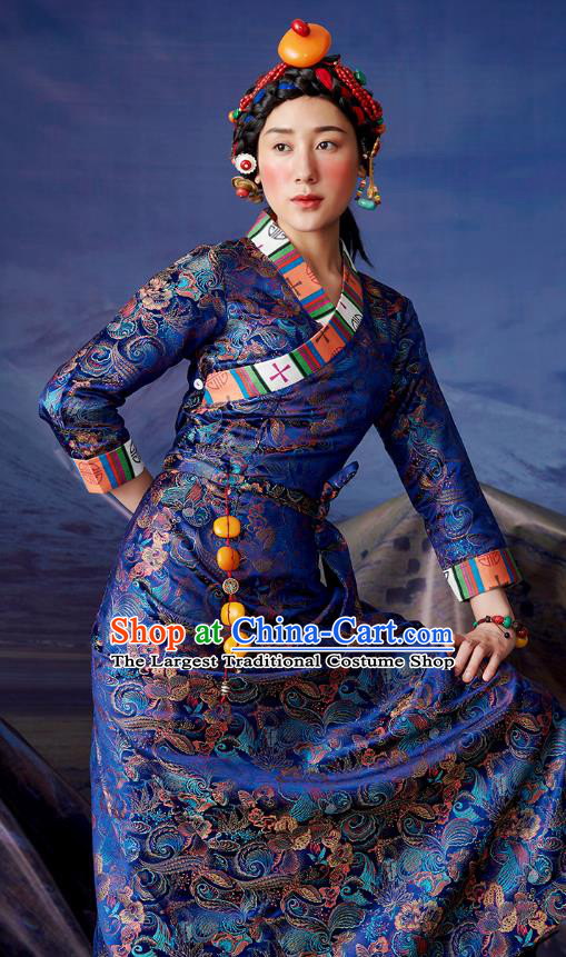 China Zang Nationality Royalblue Brocade Bola Dress Clothing Tibetan Ethnic Woman Stage Performance Costume
