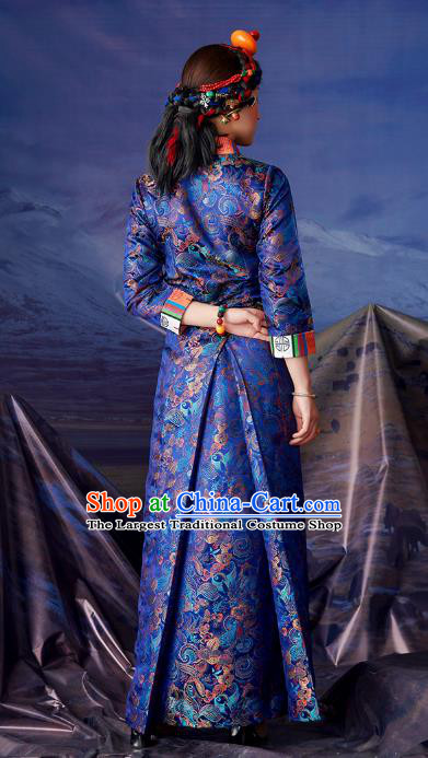 China Zang Nationality Royalblue Brocade Bola Dress Clothing Tibetan Ethnic Woman Stage Performance Costume