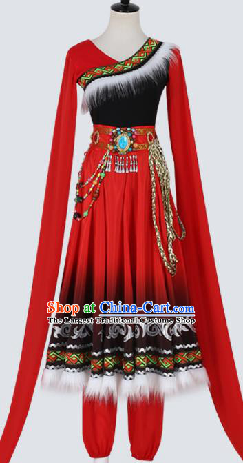 China Traditional Tibetan Ethnic Folk Dance Clothing Zang Nationality Water Sleeve Red Dress Outfits and Headwear