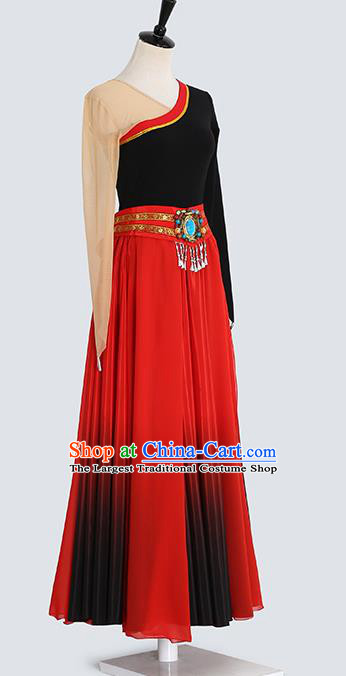 China Traditional Zang Ethnic Folk Dance Clothing Tibetan Nationality Red Dress Outfits