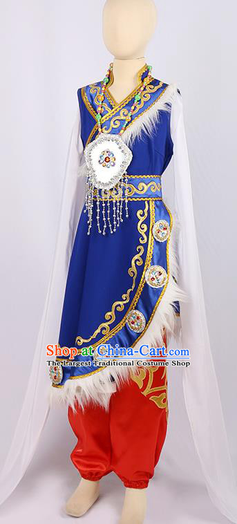 Chinese Tibetan Dance Clothing Nationality Folk Dance Stage Performance Blue Outfits for Men