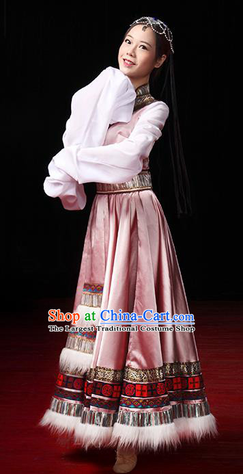 China Traditional Zang Ethnic Stage Performance Clothing Tibetan Nationality Pink Dress Outfits