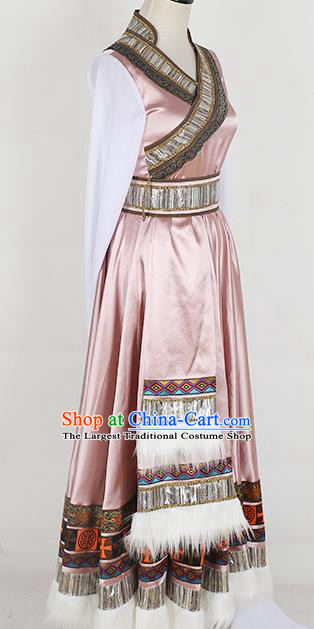 China Traditional Zang Ethnic Stage Performance Clothing Tibetan Nationality Pink Dress Outfits