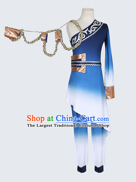 Chinese Folk Dance Clothing Male Classical Dance Stage Performance Blue Outfits