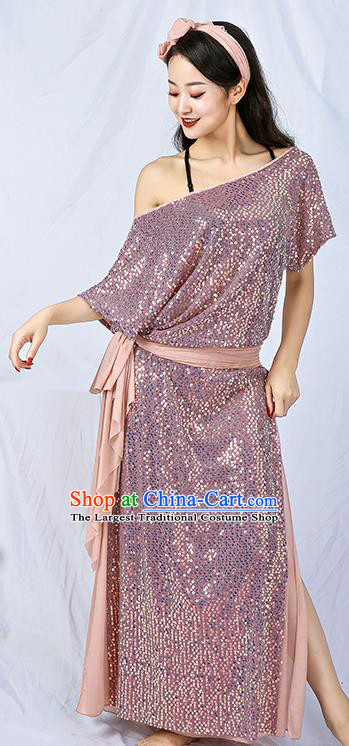 India Traditional Belly Dance Clothing Asian Oriental Dance Pink Sequins Robe