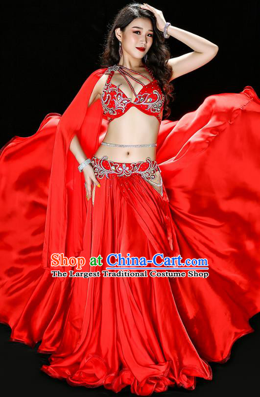 Traditional Asian Oriental Dance Bra and Skirt Costumes Indian Belly Dance Performance Red Satin Outfits