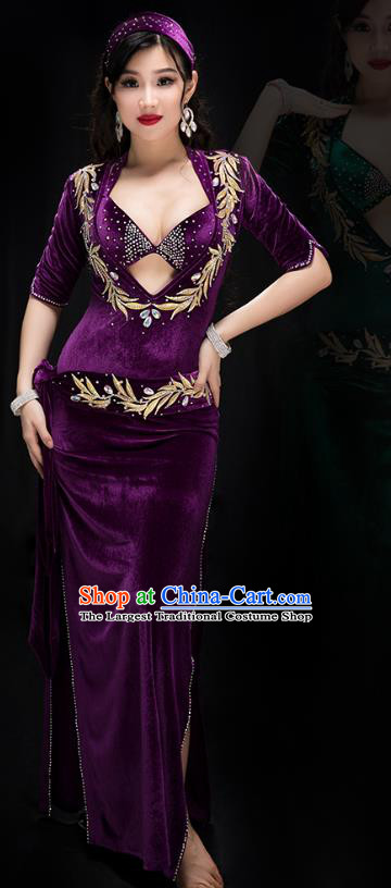 Traditional Indian Belly Dance Stage Performance Bra and Robe Costume Asian Oriental Dance Purple Velvet Outfits