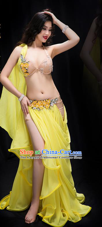 Traditional Asian Oriental Dance Clothing Indian Belly Dance Stage Performance Bra and Yellow Veil Skirt Outfits