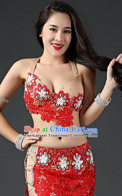 Asian Oriental Dance Embroidered Bra and Red Skirt Traditional Indian Belly Dance Stage Performance Outfits Clothing