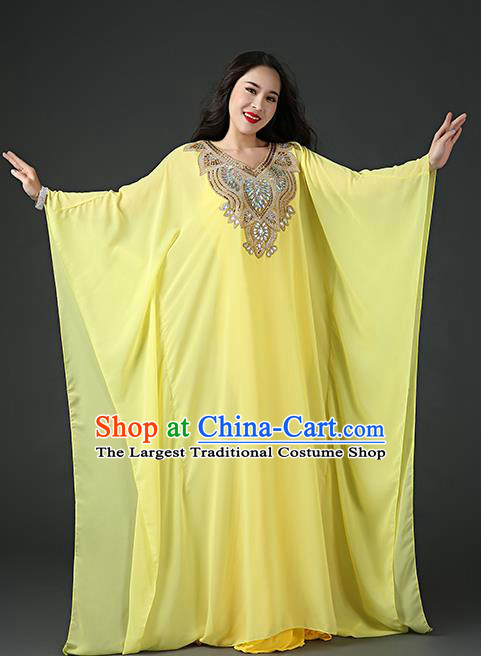 India Traditional Belly Dance Stage Performance Clothing Asian Oriental Dance Sequins Yellow Chiffon Robe and Slip Dress