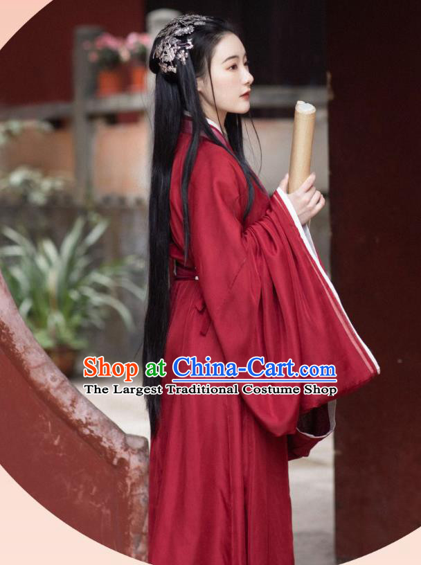 China Ancient Palace Lady Red Hanfu Dress Apparels Traditional Jin Dynasty Historical Clothing