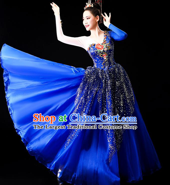 China Chorus Group Costume Spring Festival Gala Opening Dance Royalblue Dress Classical Dance Clothing