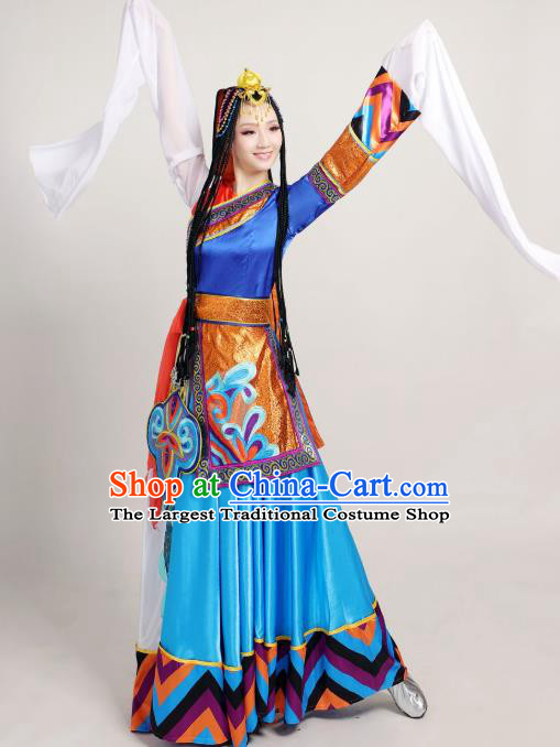 Chinese Traditional Zang Nationality Stage Performance Clothing Xizang Tibetan Ethnic Dance Water Sleeve Dress