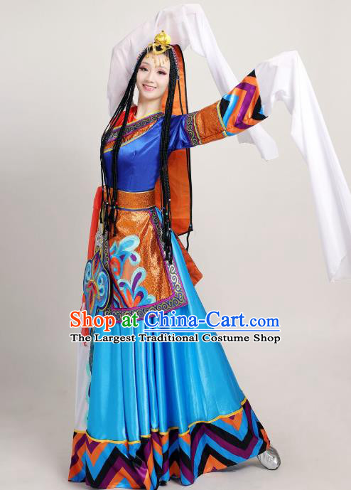 Chinese Traditional Zang Nationality Stage Performance Clothing Xizang Tibetan Ethnic Dance Water Sleeve Dress