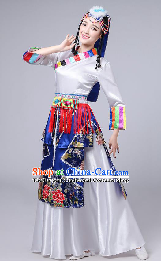Chinese Traditional Xizang Tibetan Ethnic Stage Performance White Long Dress Zang Nationality Female Dance Clothing