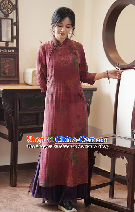 China Classical Printing Qipao Dress National Wine Red Silk Cheongsam