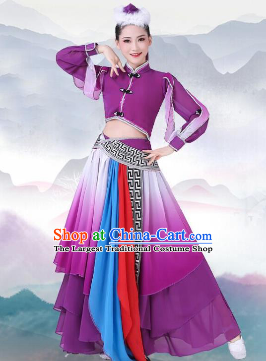 Chinese Traditional Mongolian Nationality Dance Clothing Mongol Ethnic Folk Dance Purple Dress Outfits