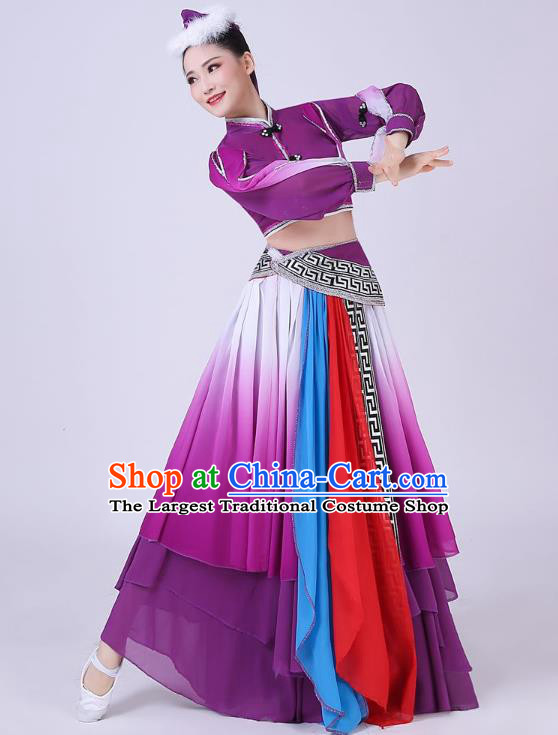 Chinese Traditional Mongolian Nationality Dance Clothing Mongol Ethnic Folk Dance Purple Dress Outfits