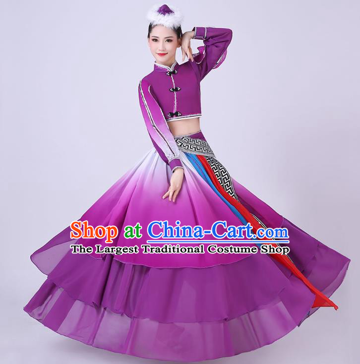 Chinese Traditional Mongolian Nationality Dance Clothing Mongol Ethnic Folk Dance Purple Dress Outfits