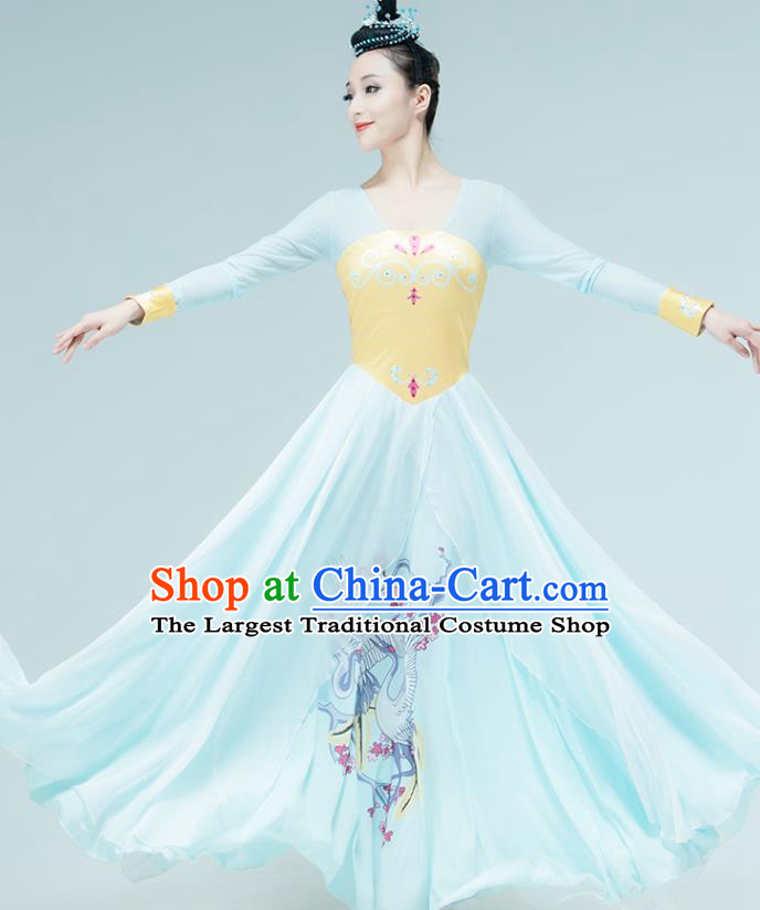 Chinese Fan Dance Printing Blue Outfits Classical Dance Stage Performance Clothing