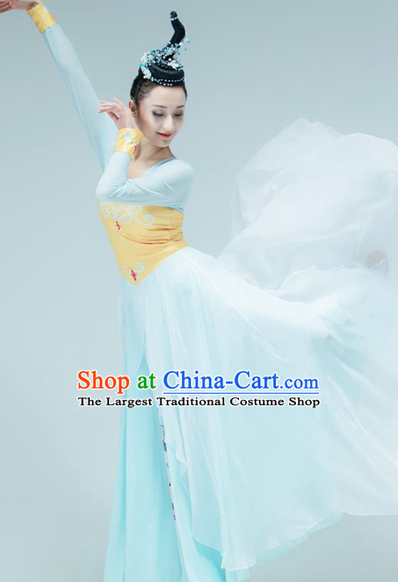 Chinese Fan Dance Printing Blue Outfits Classical Dance Stage Performance Clothing