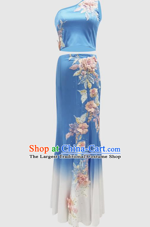 Chinese Traditional Dai Nationality Performance Blue Dress Yunnan Ethnic Peacock Dance Clothing