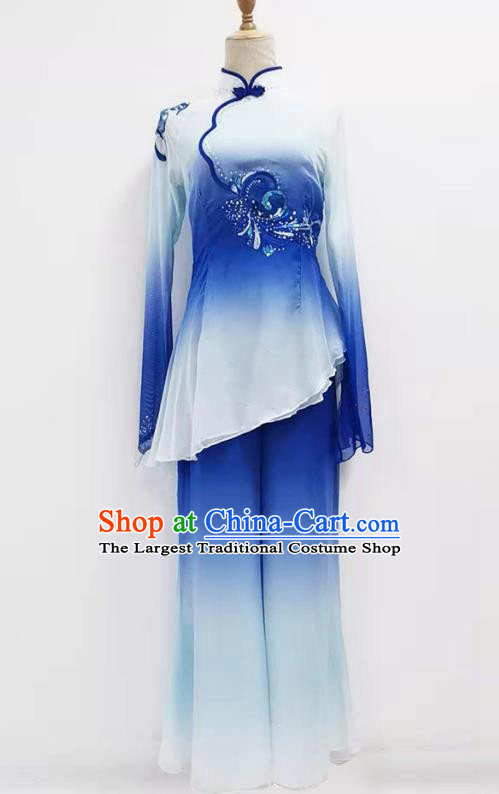 Chinese Yangko Dance Performance Blue Outfits Jiaozhou Fan Dance Folk Dance Clothing