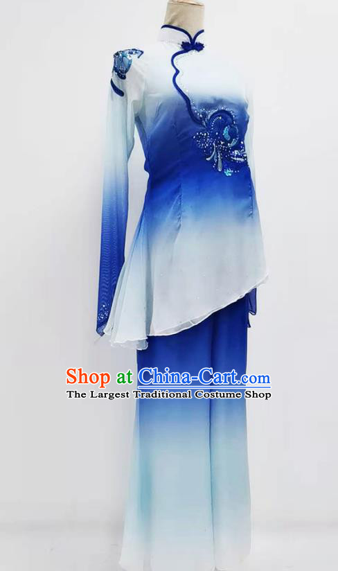 Chinese Yangko Dance Performance Blue Outfits Jiaozhou Fan Dance Folk Dance Clothing