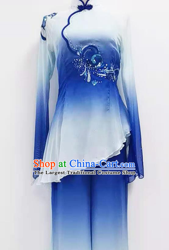 Chinese Yangko Dance Performance Blue Outfits Jiaozhou Fan Dance Folk Dance Clothing