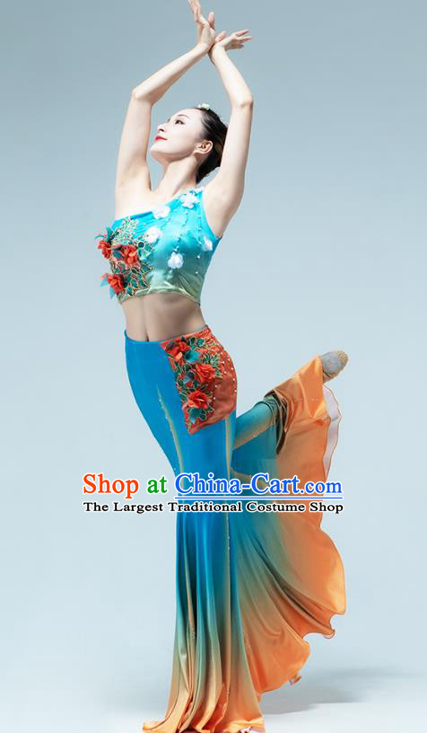 Chinese Traditional Dai Nationality Peacock Dance Blue Dress Outfits Yunnan Ethnic Performance Clothing