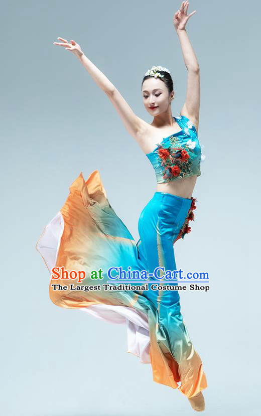 Chinese Traditional Dai Nationality Peacock Dance Blue Dress Outfits Yunnan Ethnic Performance Clothing
