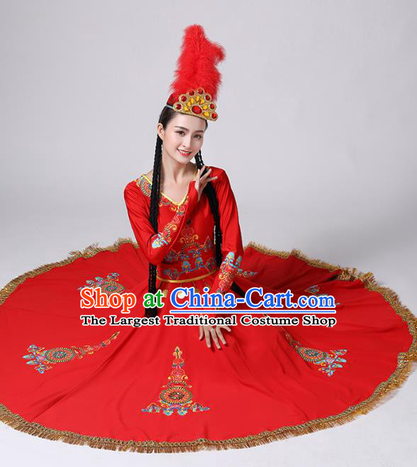 Chinese Xinjiang Ethnic Stage Performance Clothing Traditional Uyghur Nationality Folk Dance Red Dress