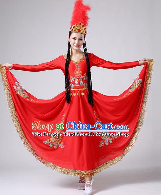 Chinese Xinjiang Ethnic Stage Performance Clothing Traditional Uyghur Nationality Folk Dance Red Dress