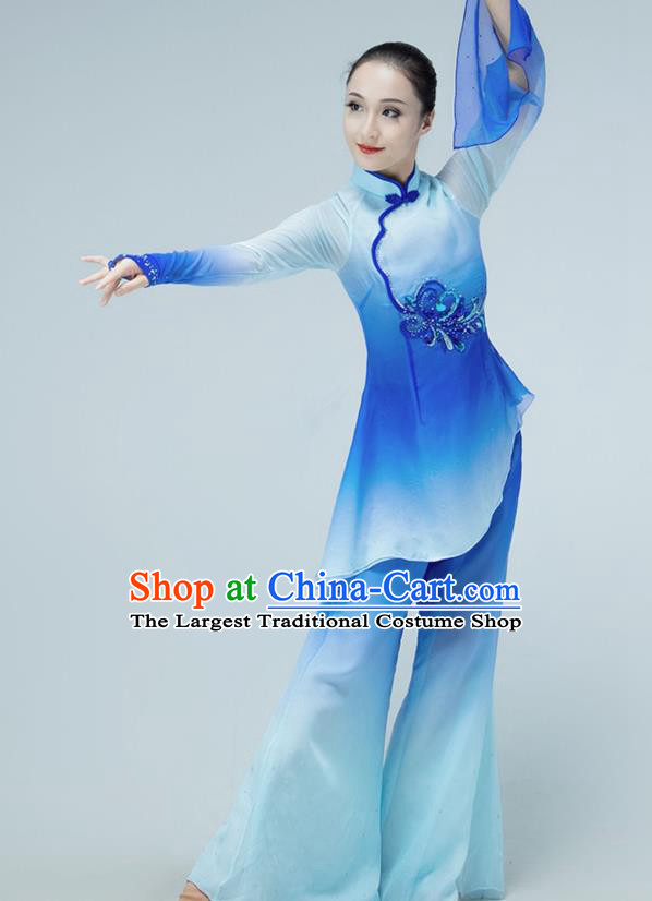 Chinese Folk Dance Blue Outfits Jiaozhou Yangko Dance Fan Dance Clothing