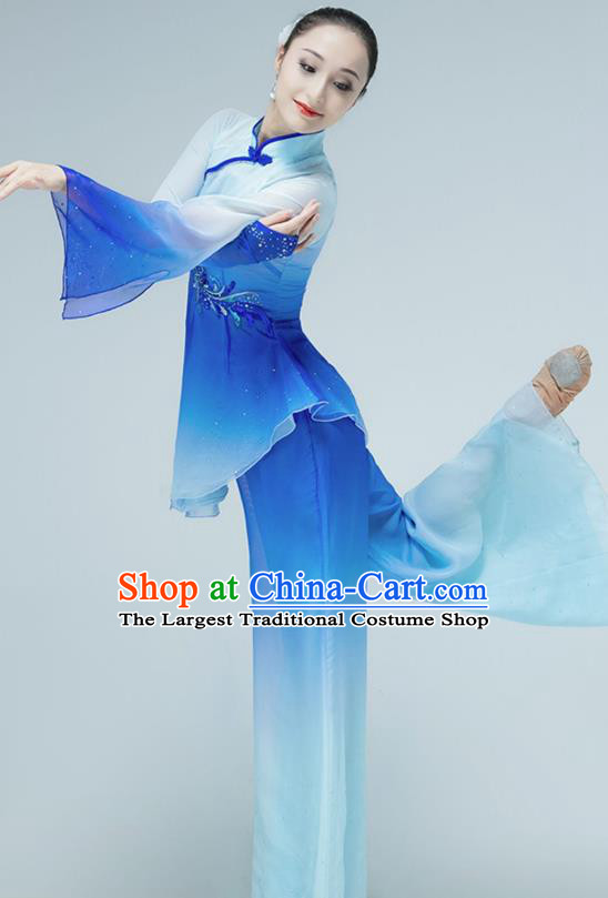 Chinese Folk Dance Blue Outfits Jiaozhou Yangko Dance Fan Dance Clothing