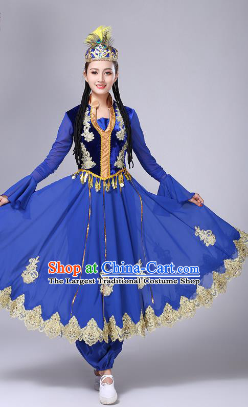 Chinese Xinjiang Ethnic Stage Performance Clothing Traditional Uygur Nationality Folk Dance Blue Dress Outfits